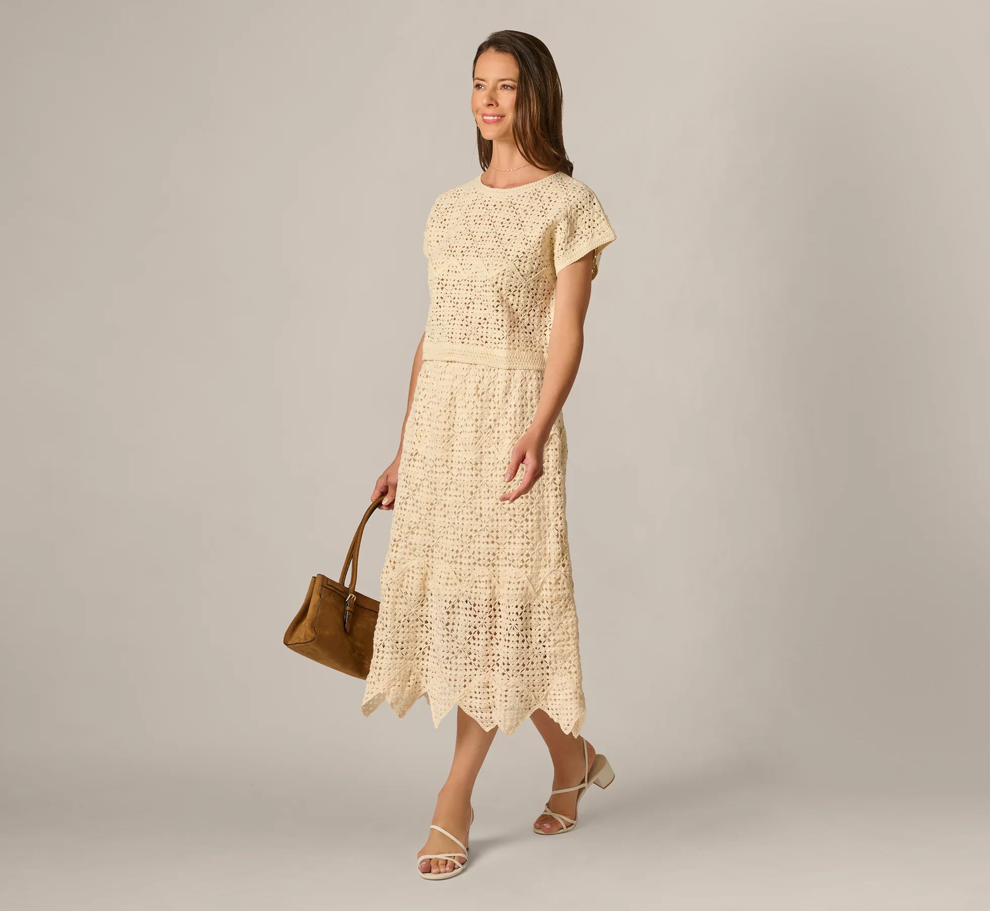 Crochet Knit Dagger Hem Midi Skirt In Cream