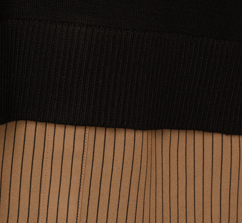 Long Sleeve Collared Printed Twover Sweater In Black W  Mocha Petite Stripe