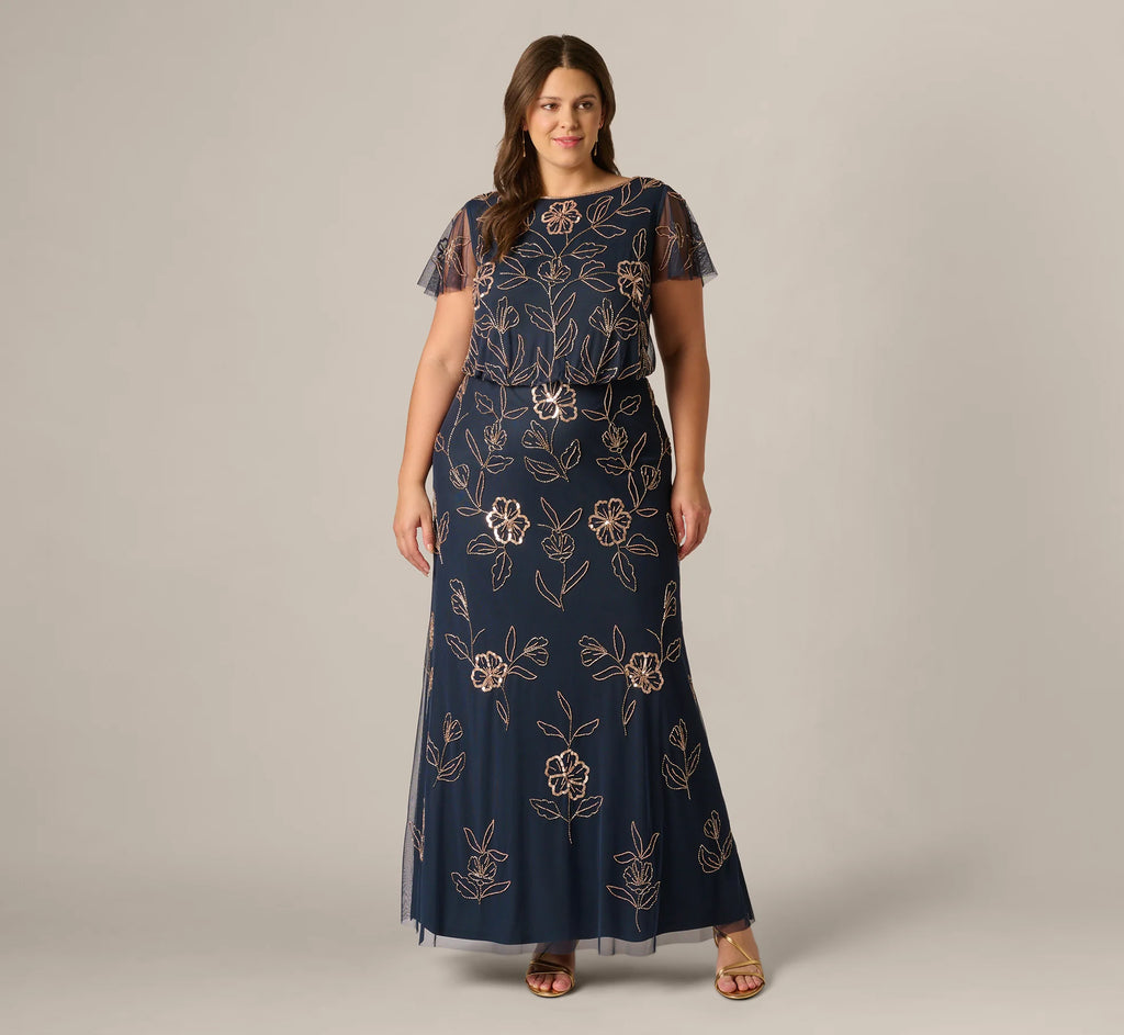 Plus Size Flutter Sleeve Floral Beaded Blouson Gown In Navy Rosegold