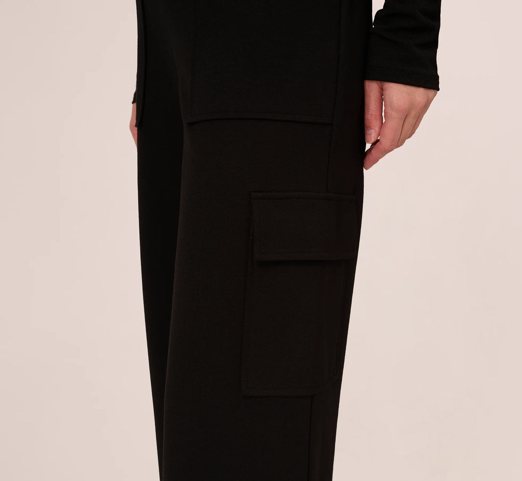 Ponte Knit Wide Leg Cargo Pant In Black