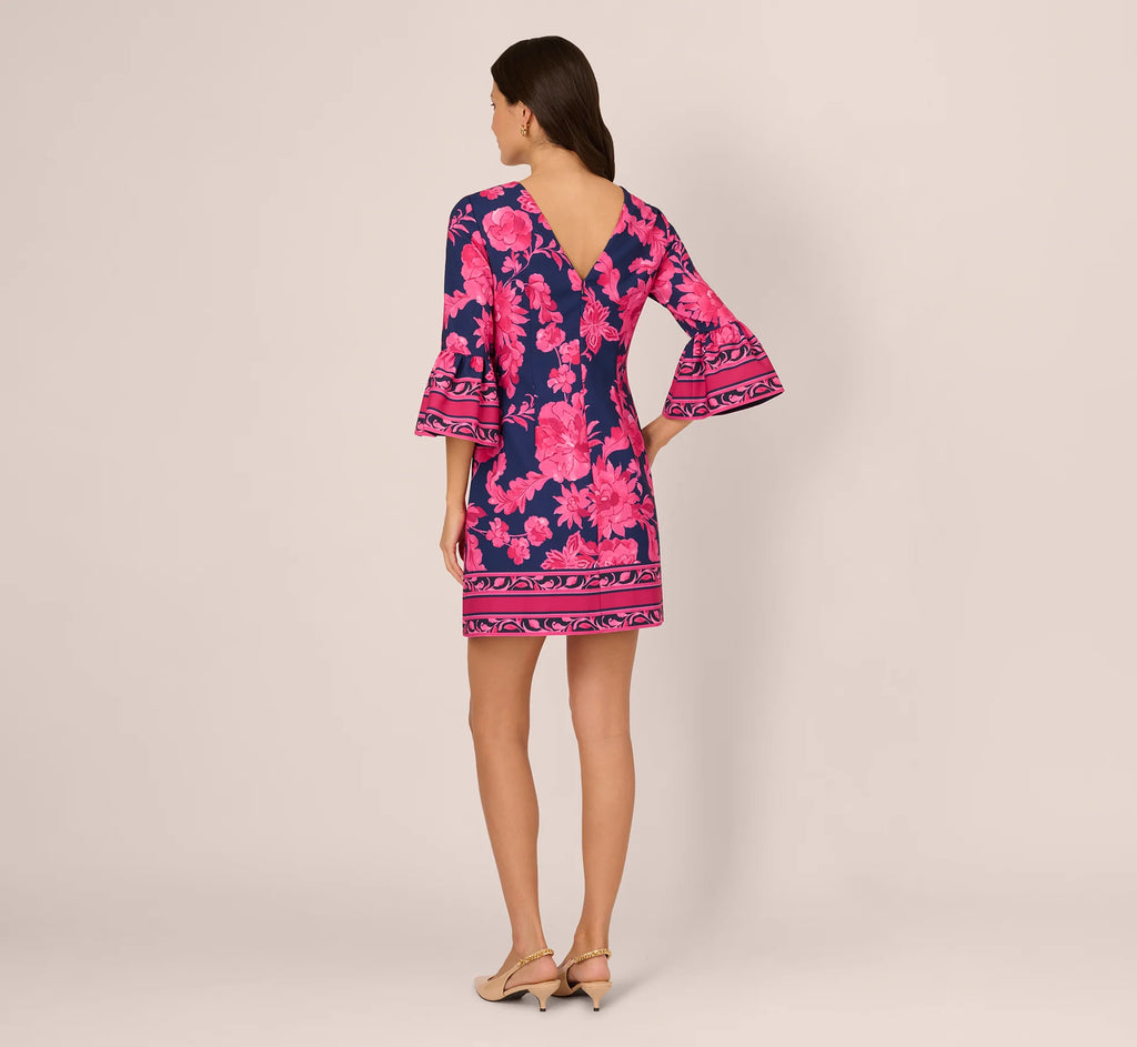 Bell Sleeve Floral Twill Short Dress In Navy Multi