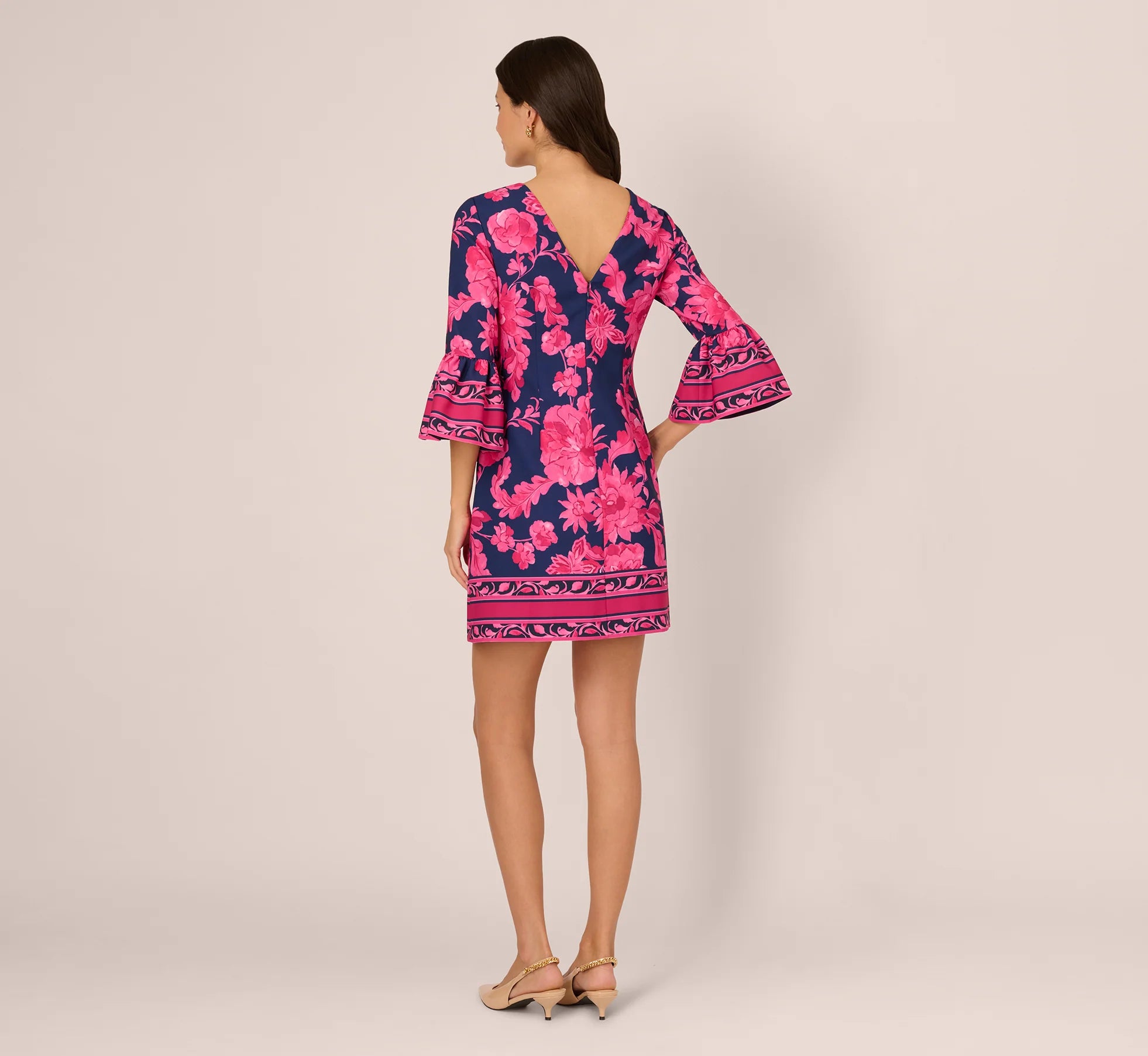 Bell Sleeve Floral Twill Short Dress In Navy Multi