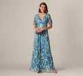 Flutter Sleeve Crinkle Foil Floral Gown In Blue Multi