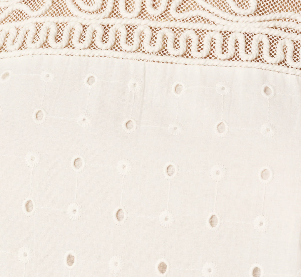 Short Sleeve Drop Waist Cotton Eyelet Shift Dress In Ivory