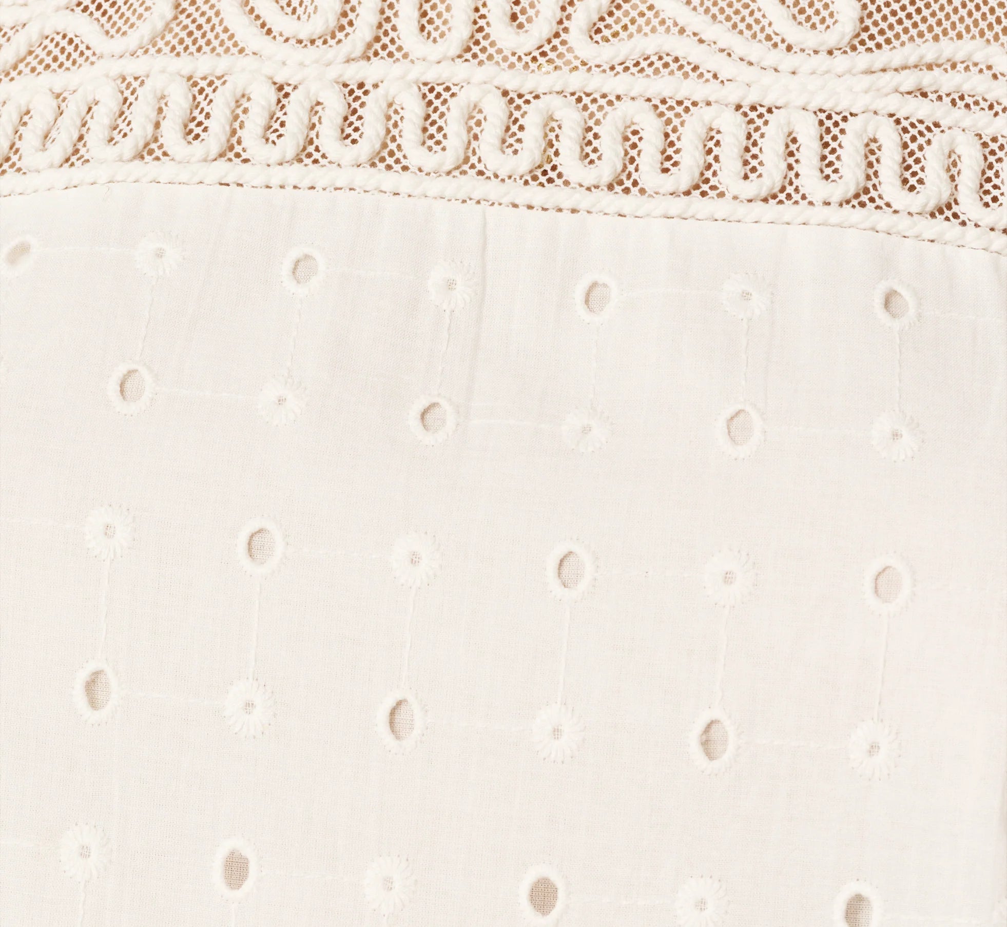 Short Sleeve Drop Waist Cotton Eyelet Shift Dress In Ivory