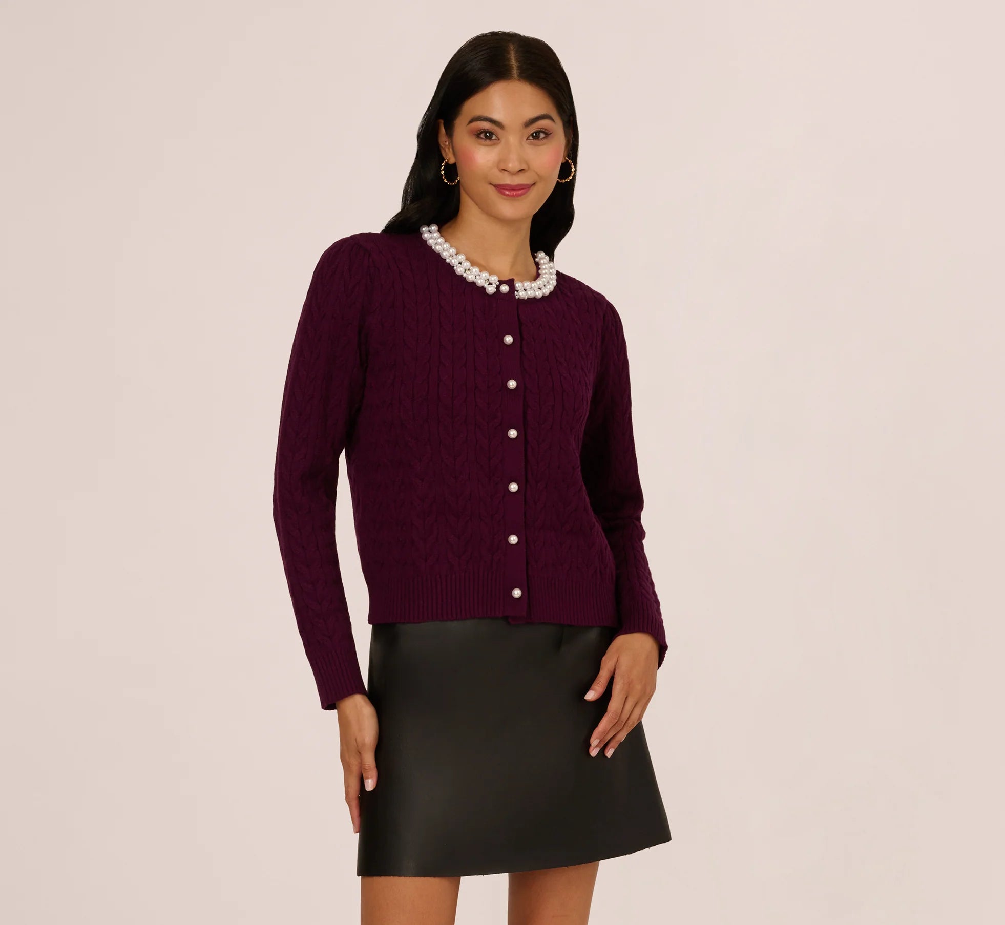 Pearly Trim Cable Knit Cardigan Sweater In Raisin