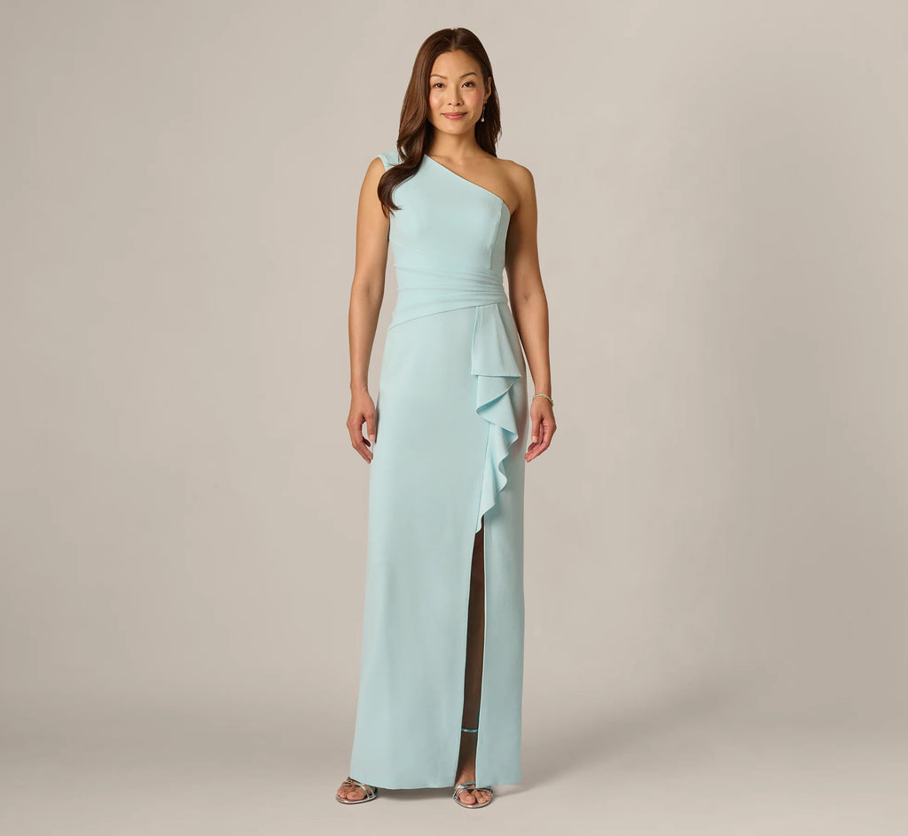 One Shoulder Draped Ruffle Stretch Gown In Clear Sky