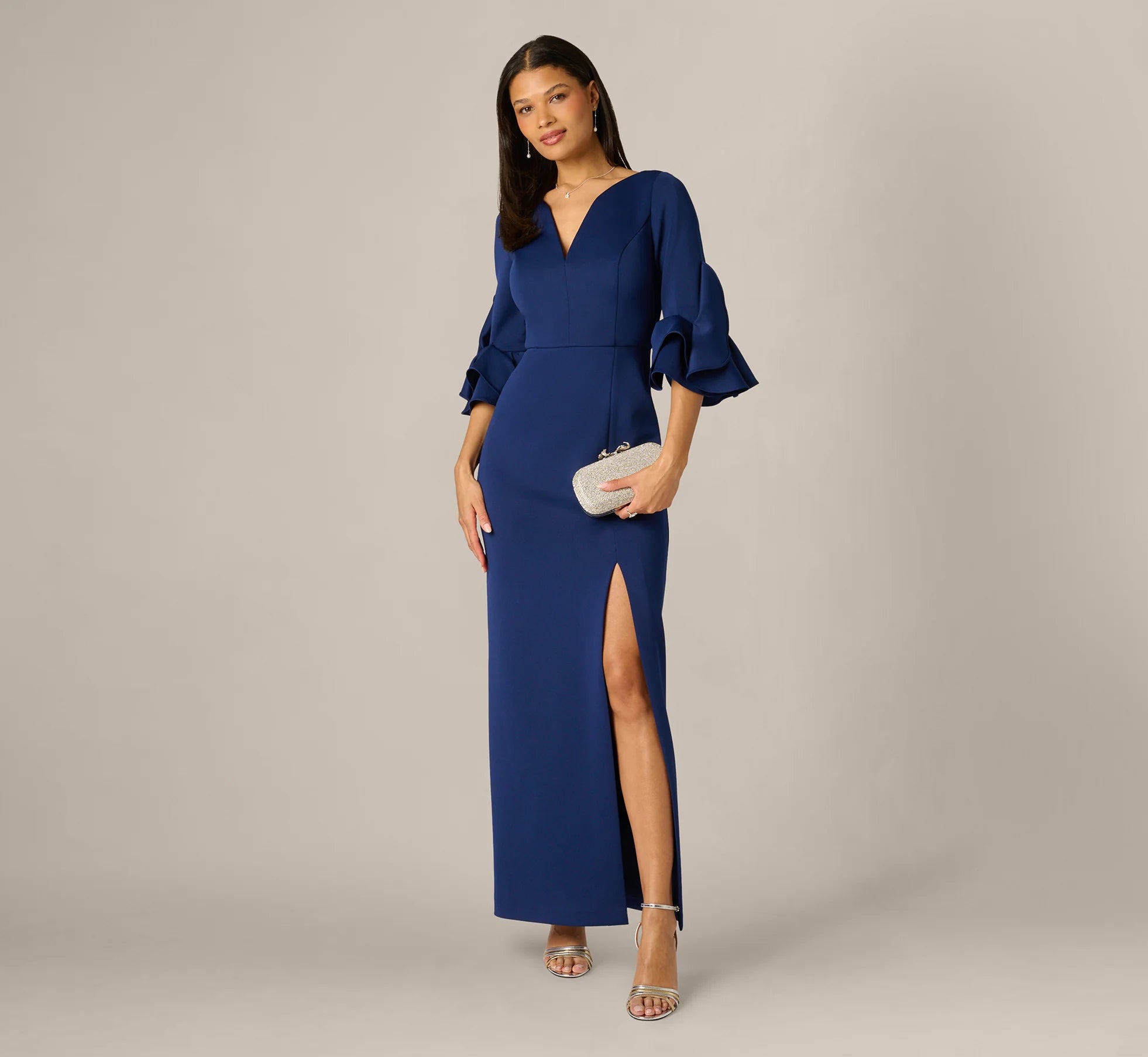 Sculpted Bell Sleeve Column Gown In Navy Sateen