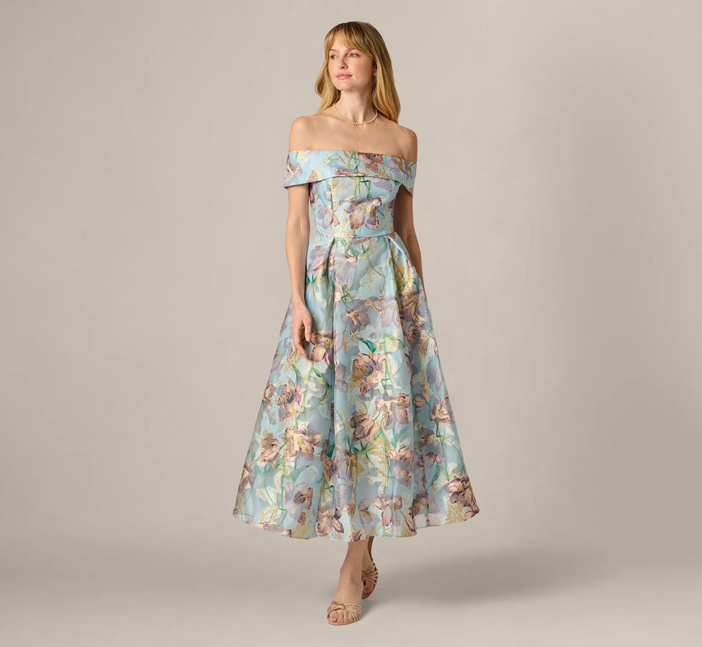 Off Shoulder Watercolor Floral Jacquard Ankle Dress In Blue Multi