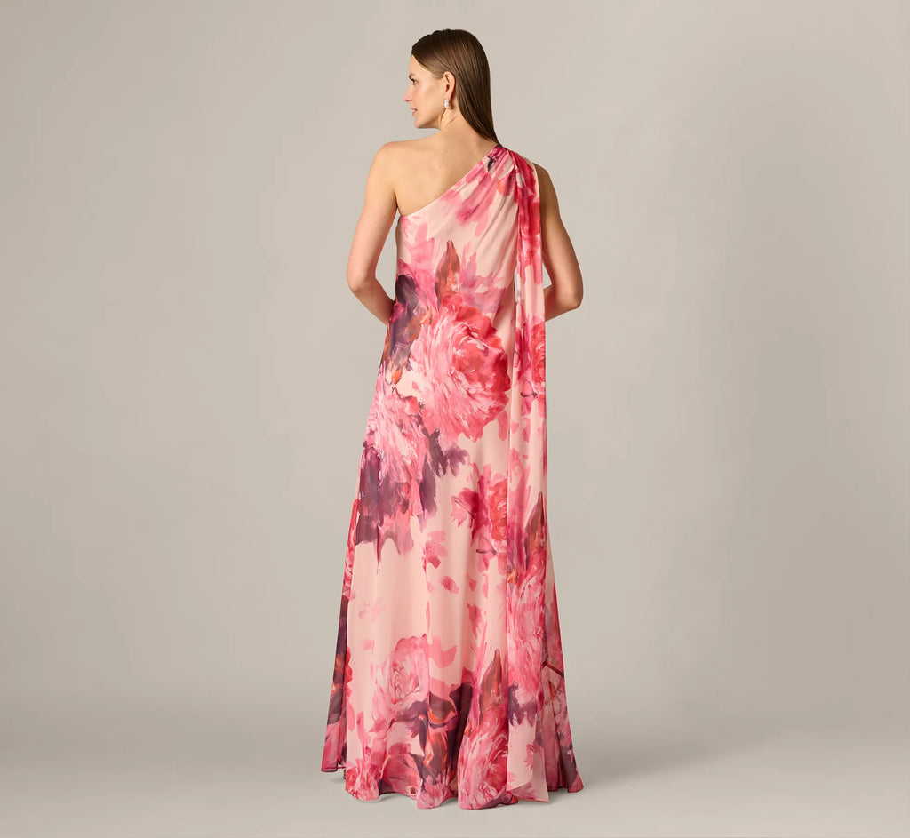 One Shoulder Peony Floral Chiffon Scarf Gown In Pink Multi