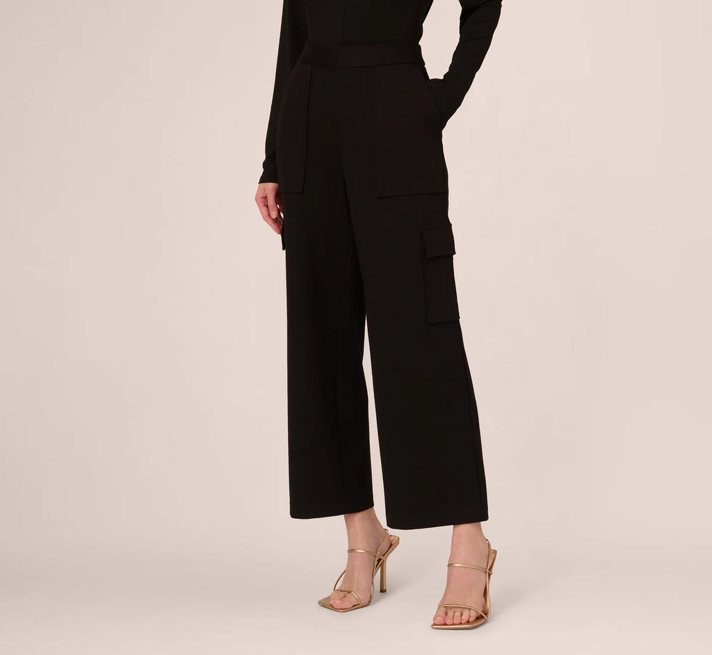 Ponte Knit Wide Leg Cargo Pant In Black