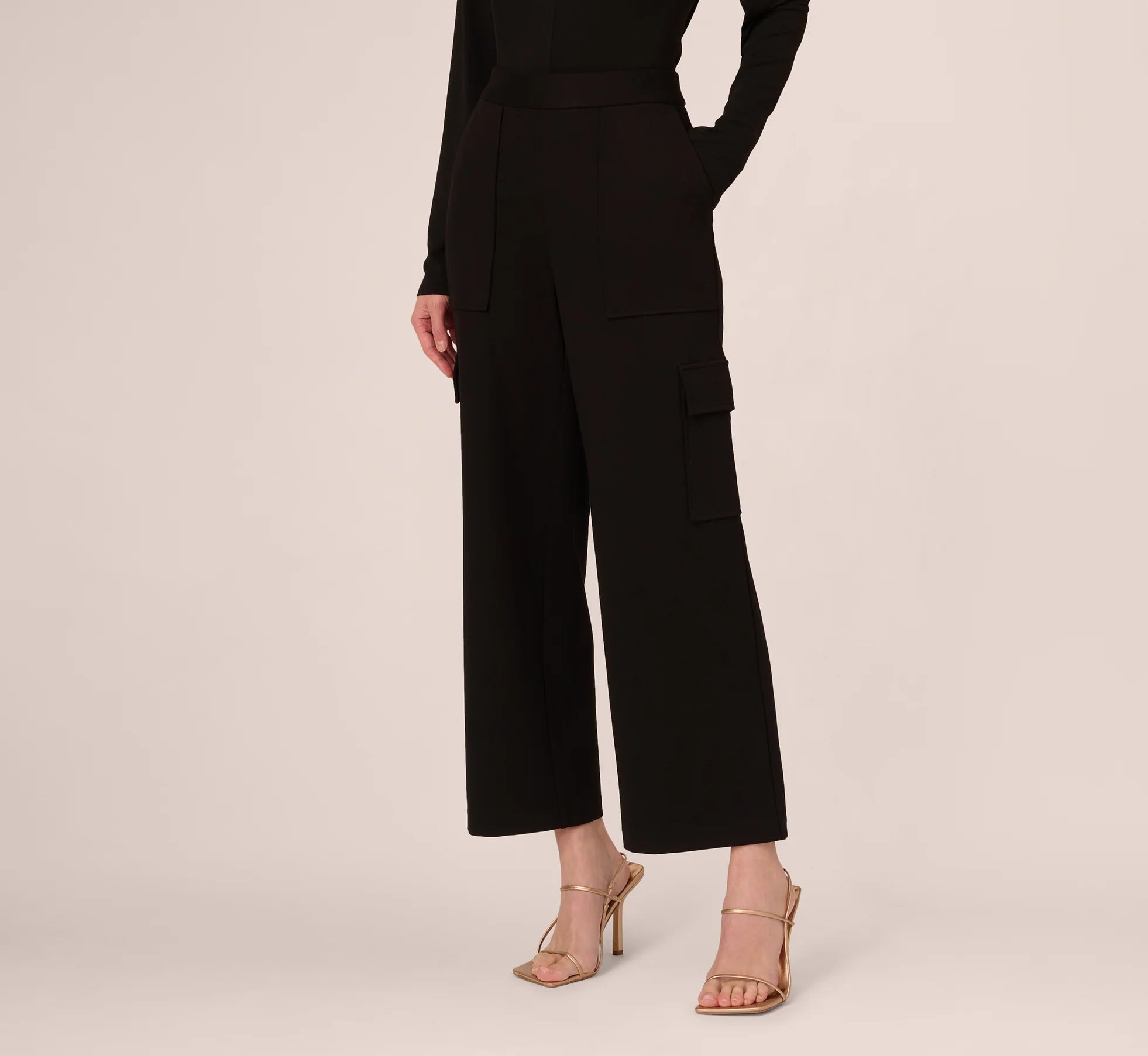 Ponte Knit Wide Leg Cargo Pant In Black