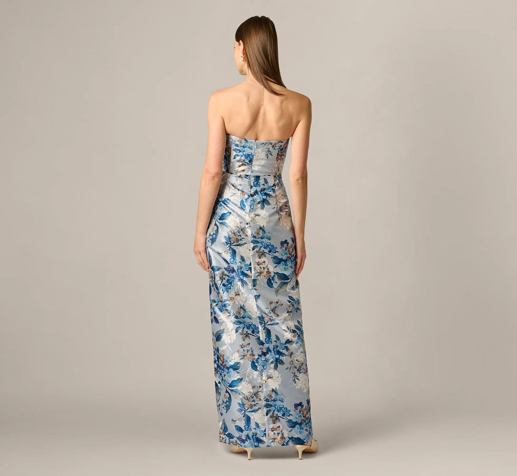 Strapless Pleated Floral Jacquard Wrap Gown In Blue Multi
