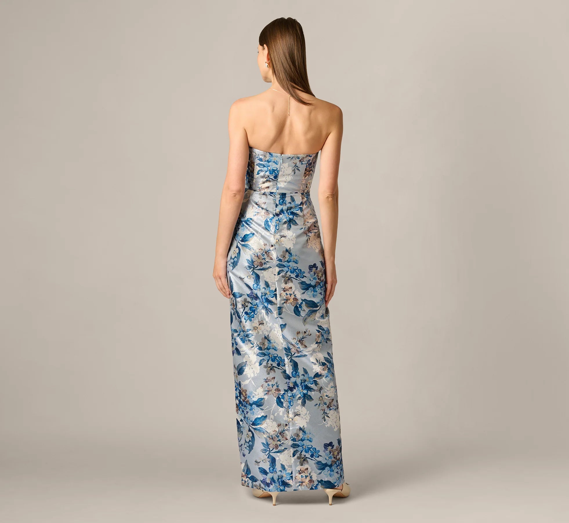 Strapless Pleated Floral Jacquard Wrap Gown In Blue Multi