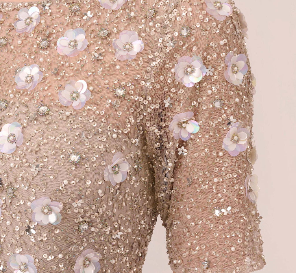 Long Hand Beaded 3D Floral Dress With Elbow Sleeves In Marble