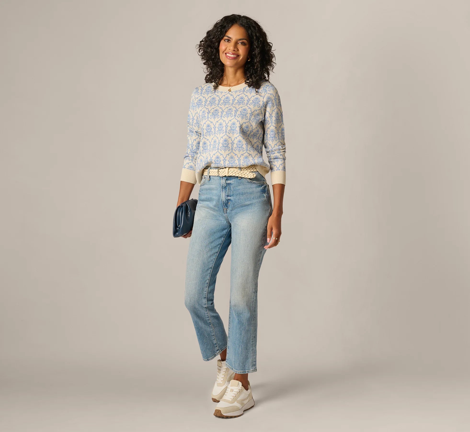 Crew Neck Floral Pullover Sweater In Classic Blue Linear Damask
