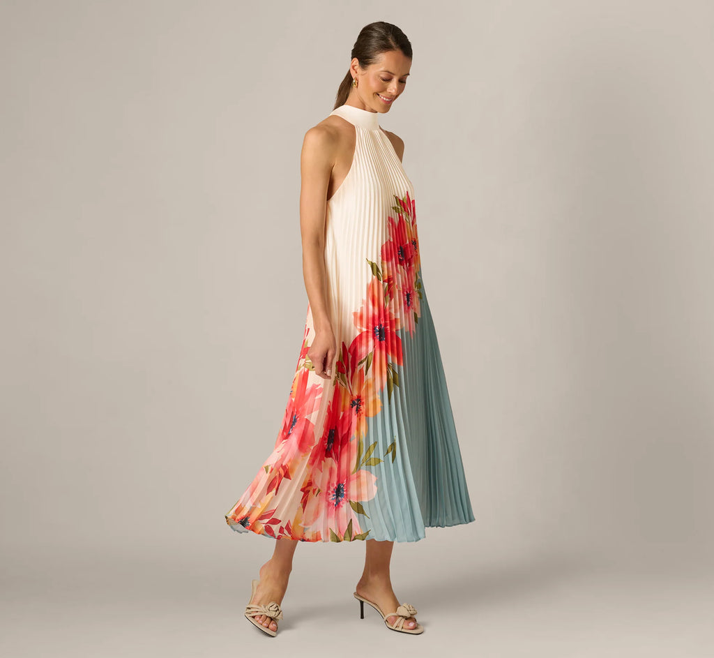 Pleated Chiffon Floral Color Block Midi Trapeze Dress In Blue Multi