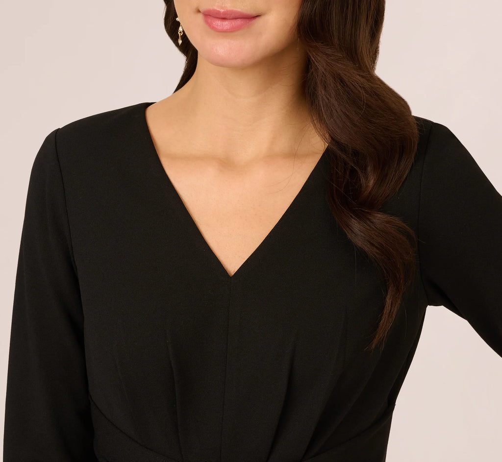 Three Quarter Sleeve Pleated Midi Dress With Tie Waist In Black