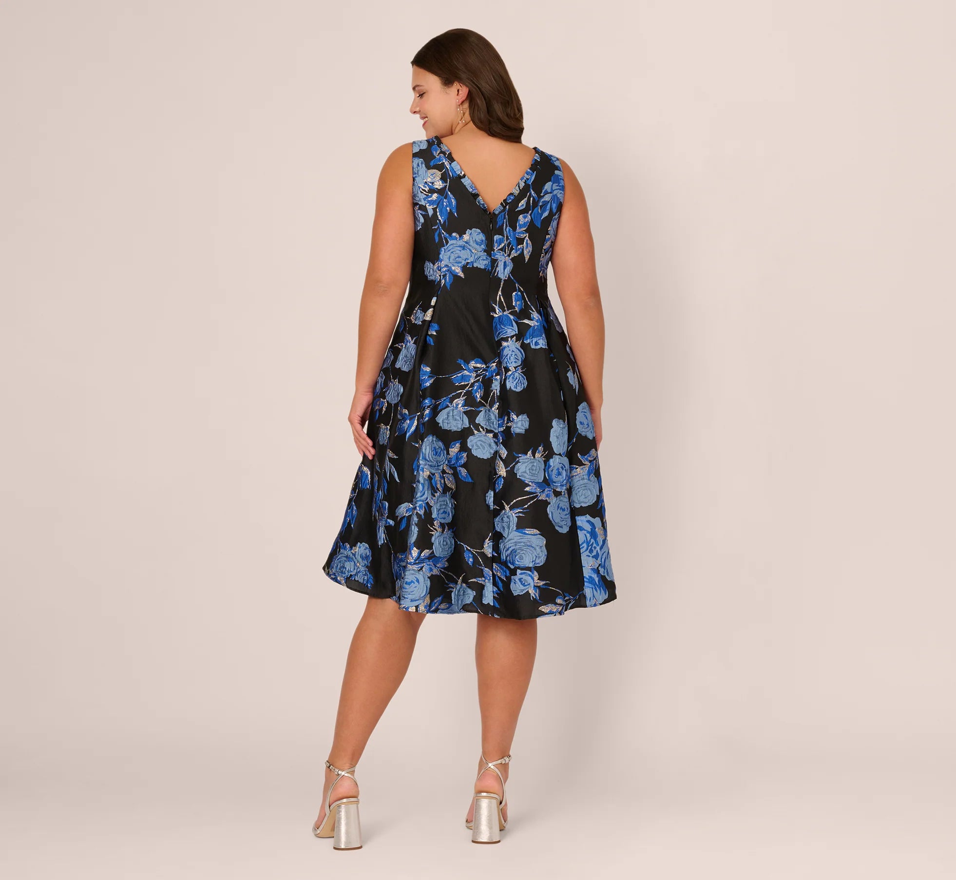 Plus Size Floral Jacquard Short Fit And Flare Dress In Blue Black Multi