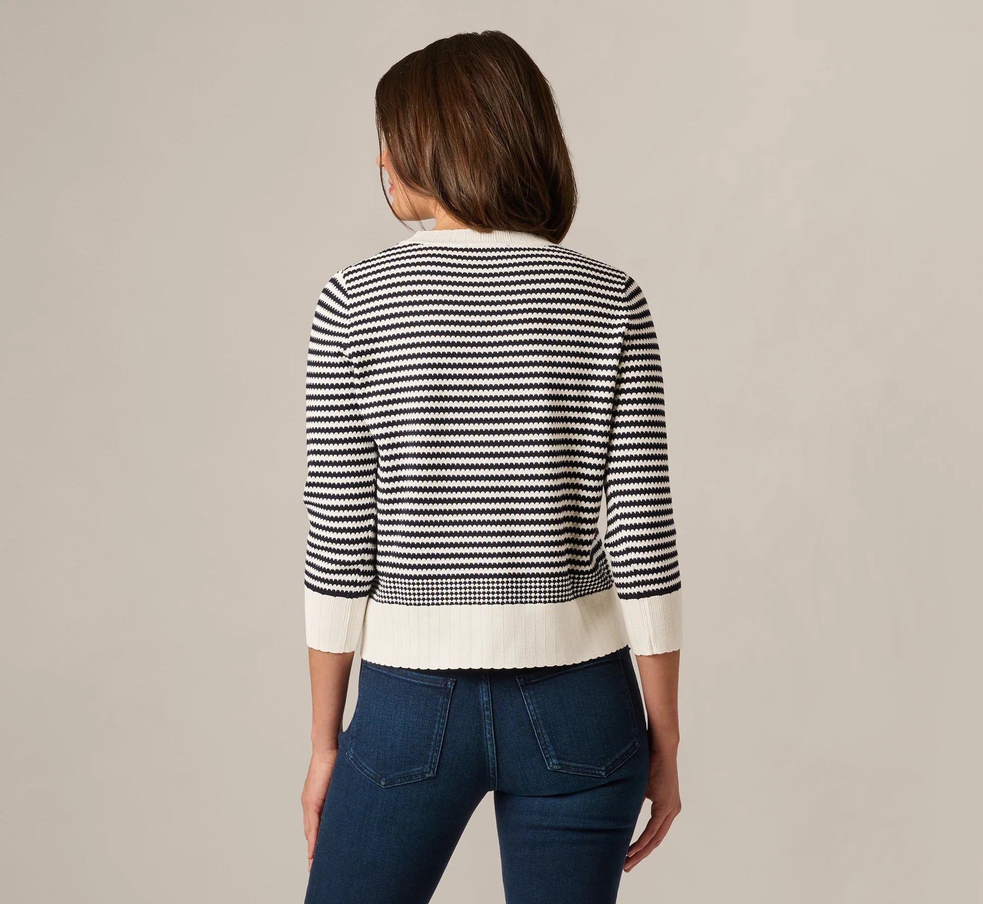 Three Quarter Sleeve Stripe Knit Sweater Top In Ivory Navy