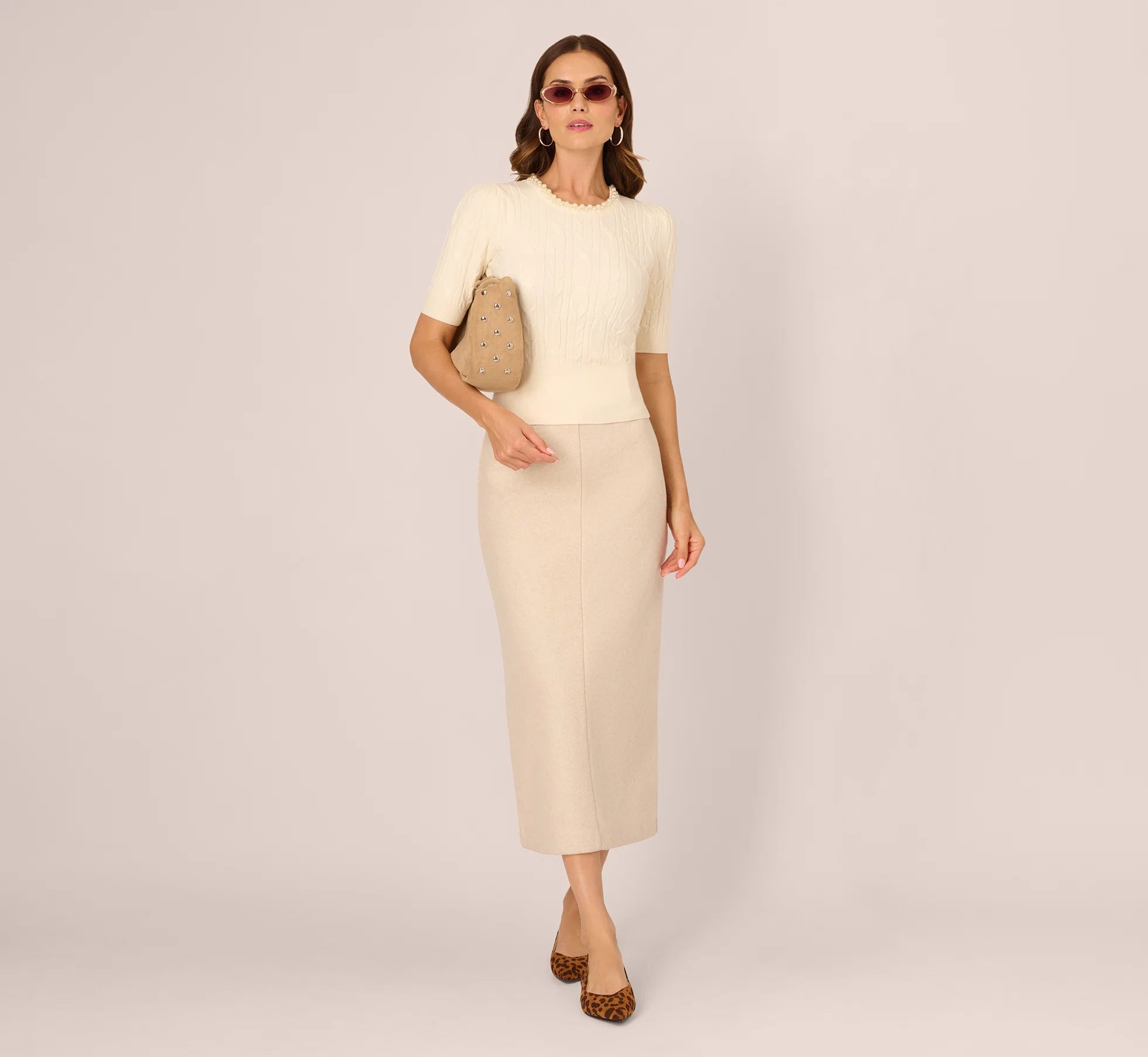 Short Sleeve Pearly Collar Sweater In Sugar Cream