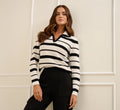 Long Sleeve Striped Polo Sweater Top In Ivory Black