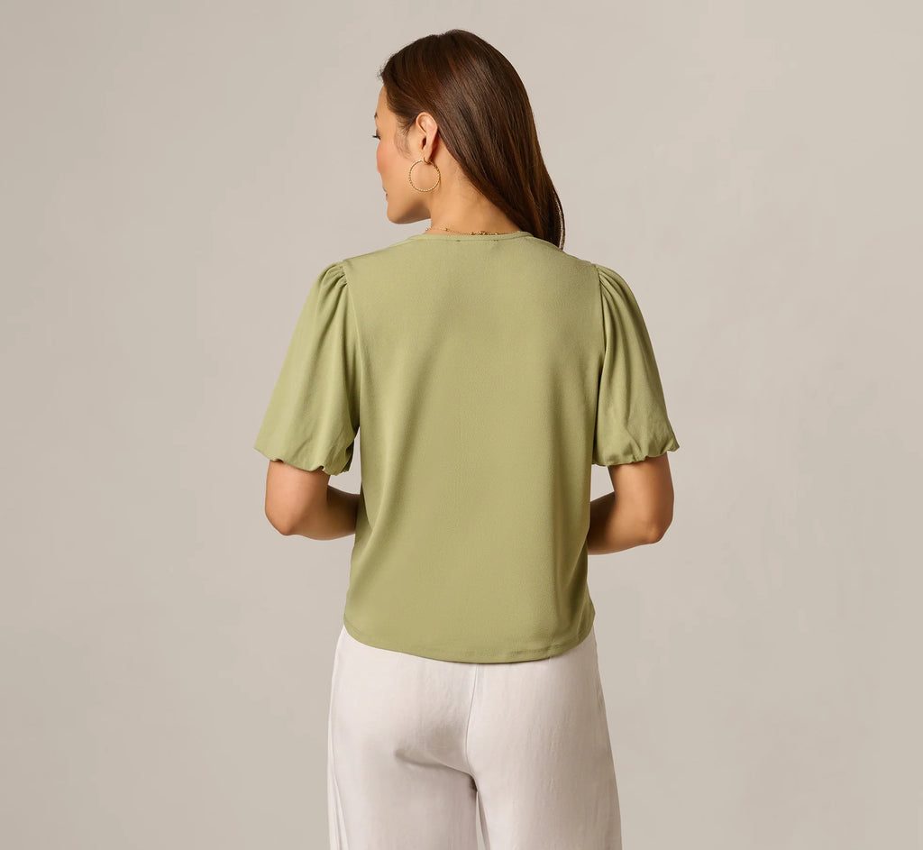 Short Sleeve Tie Waist Pullover Top In Oak Moss