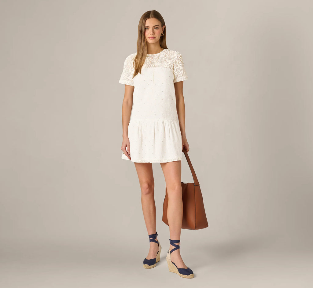 Short Sleeve Drop Waist Cotton Eyelet Shift Dress In Ivory