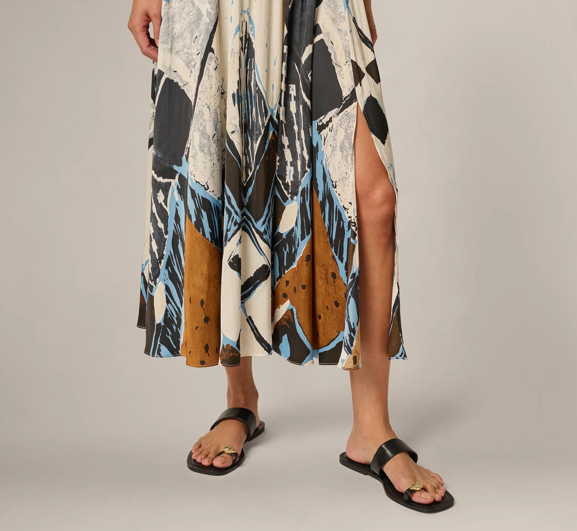 Printed Side Slit A Line Midi Skirt In Blue Diamond Tiki