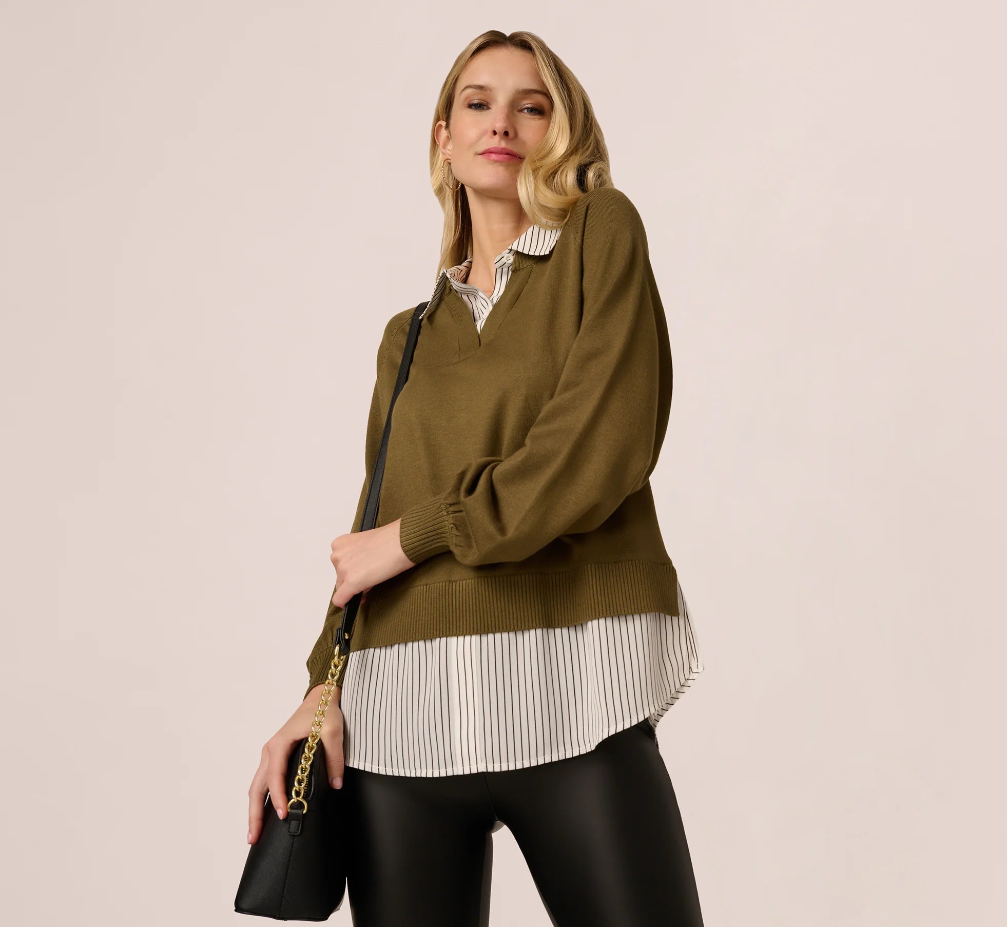 Long Sleeve Collared Printed Twover Sweater In Oak Olive W Iv Blministripe