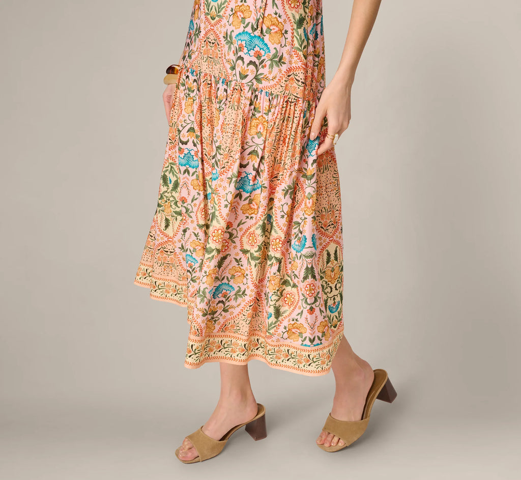 Floral Printed Cutout Drop Waist Midi Dress In Peach Multi