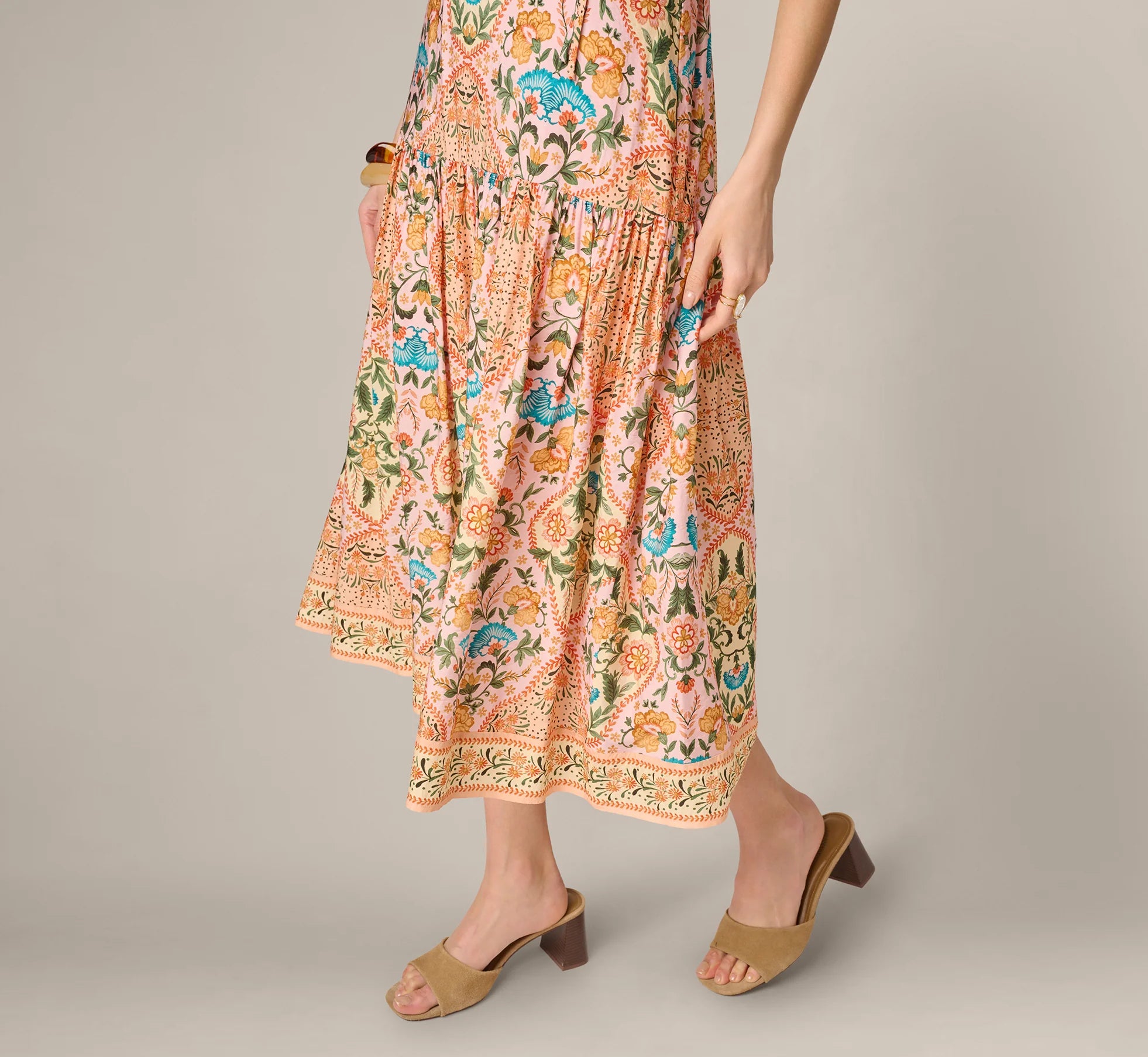 Floral Printed Cutout Drop Waist Midi Dress In Peach Multi