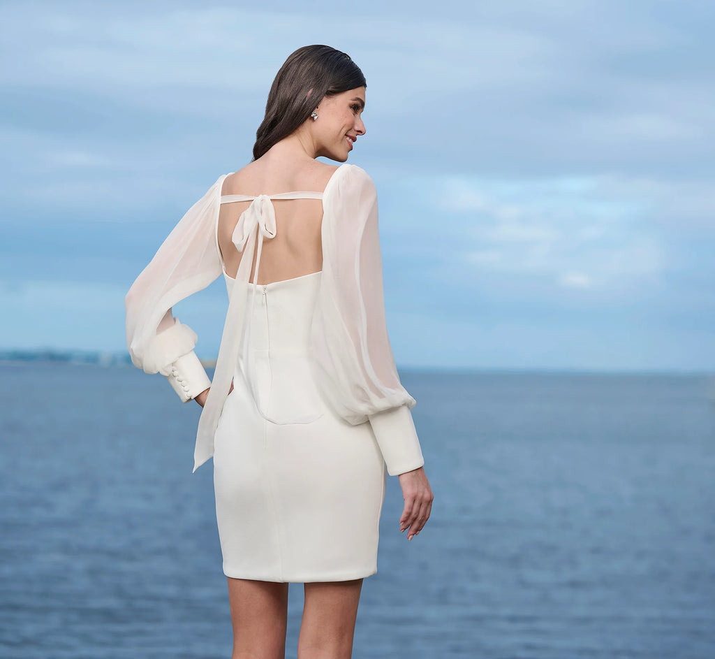 Crepe Short Skirt With Silk Chiffon Sleeves And Tie-Bow Back Straps In Ivory