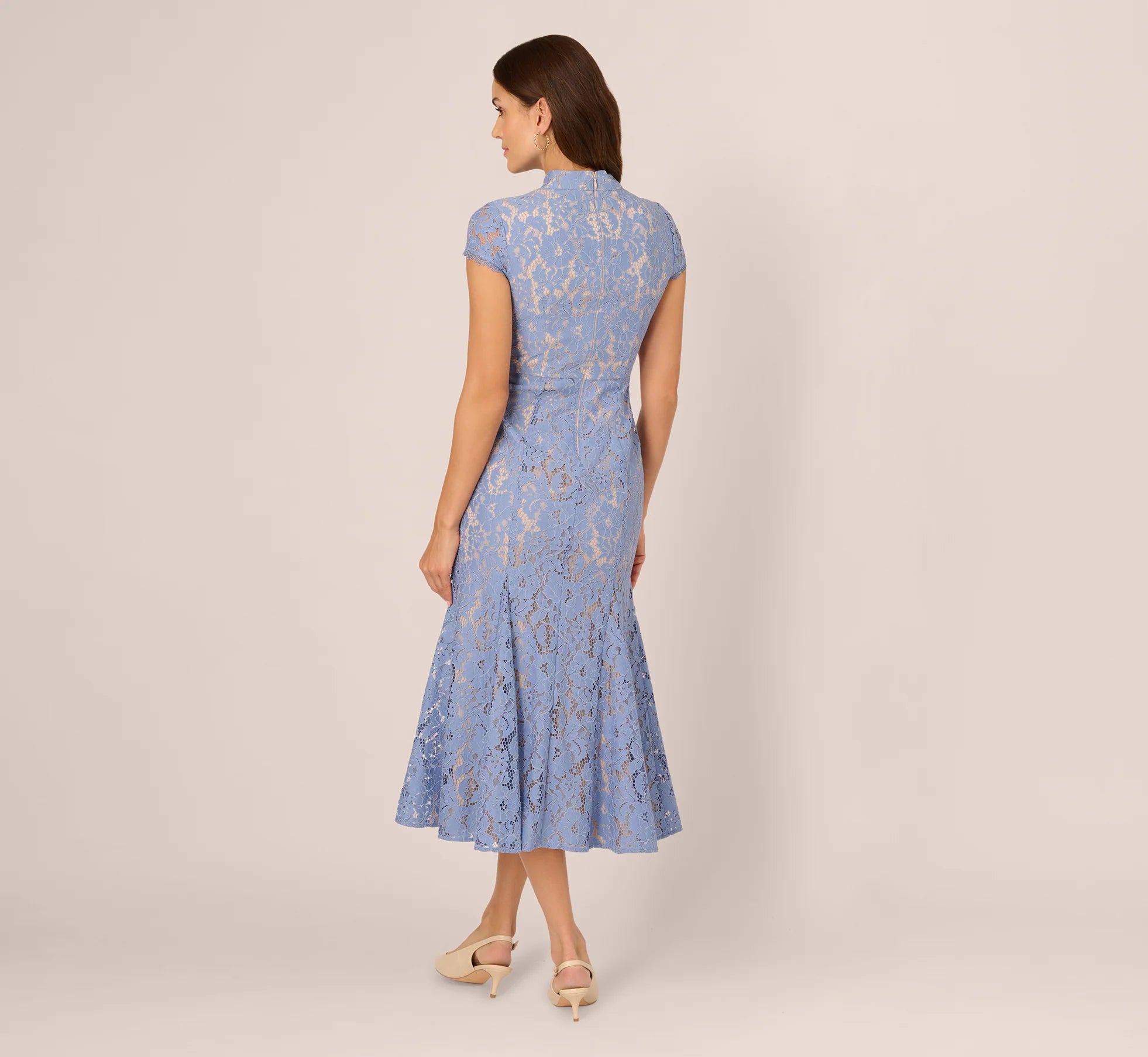 Cap Sleeve Lace Midi Dress In French Blue Nude