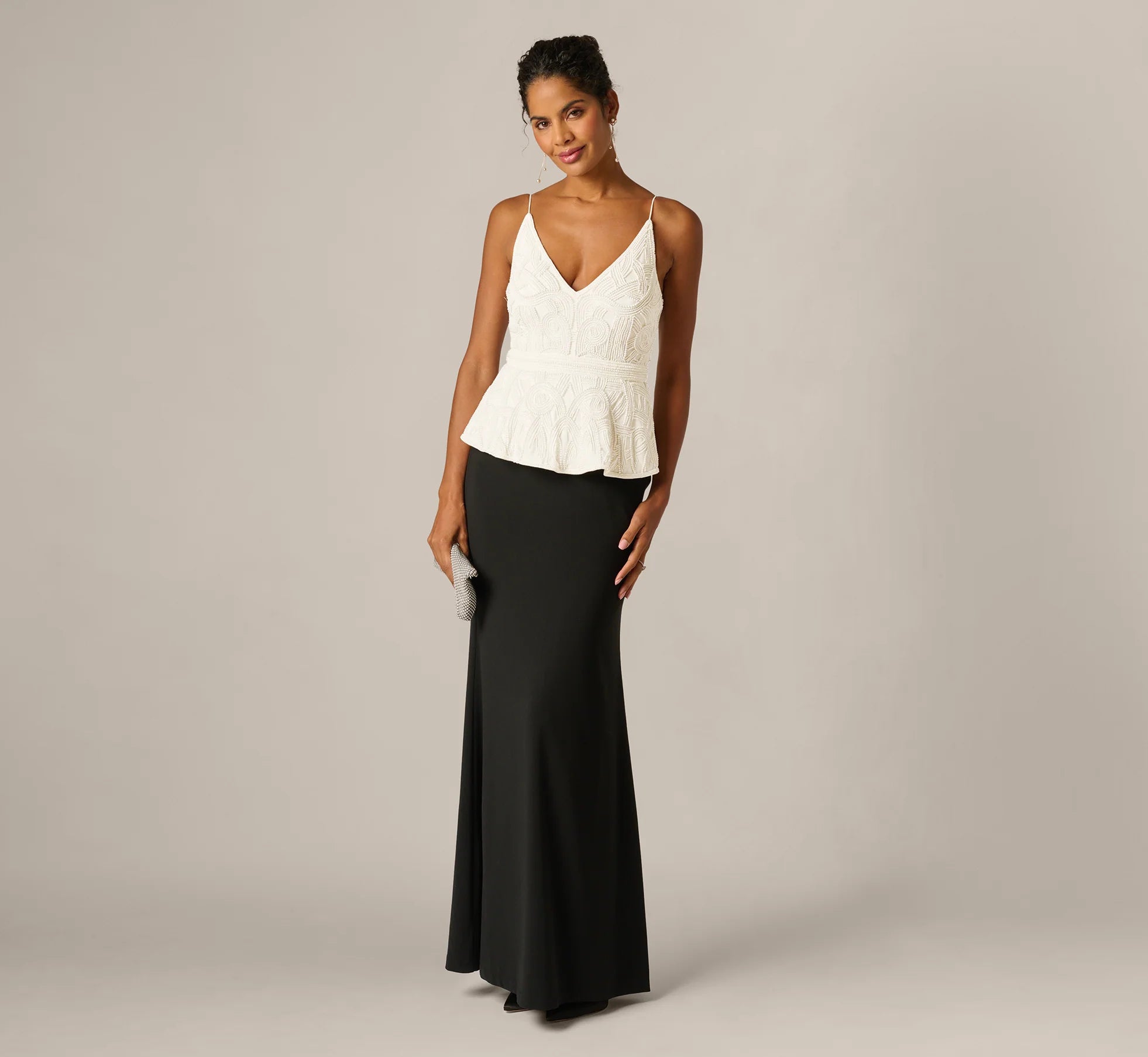Pearly Beaded Peplum Combo Gown In Black Ivory