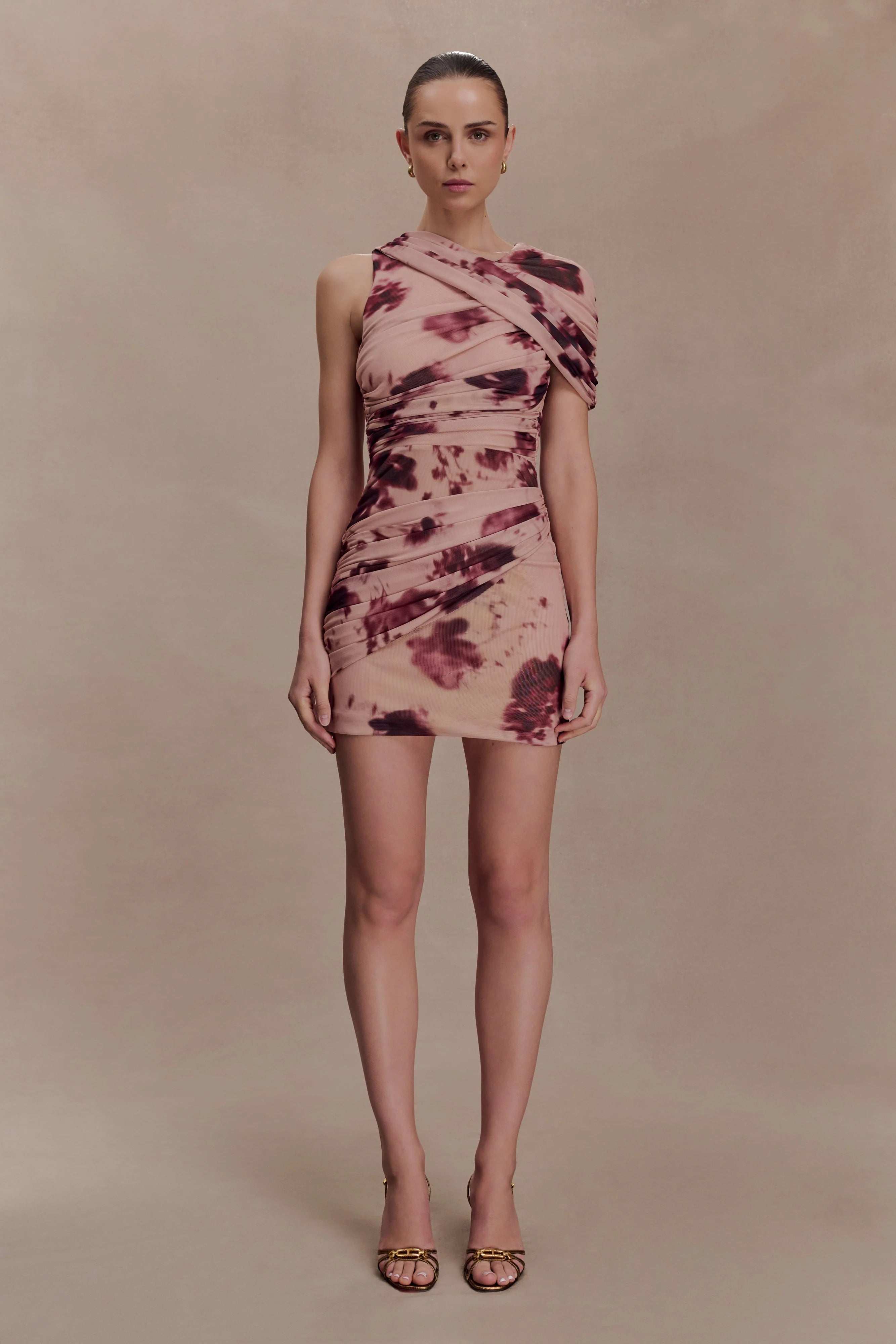 Adrienne One Shoulder Mesh Mini Dress - Nude Blurred Floral Print
