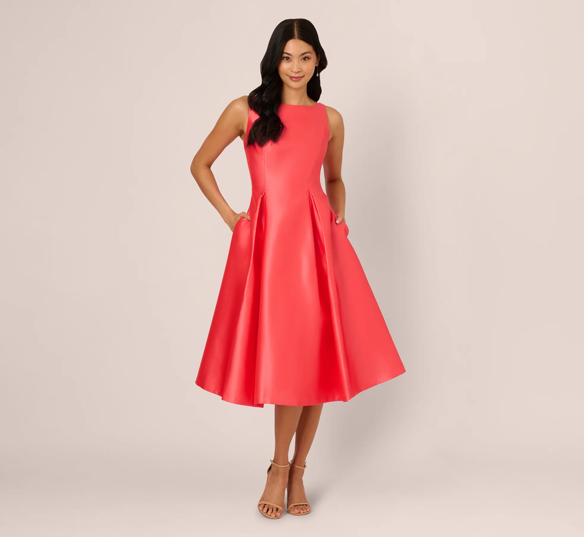 Sleeveless Mikado Fit And Flare Midi Dress With V-Back In Desert Flower