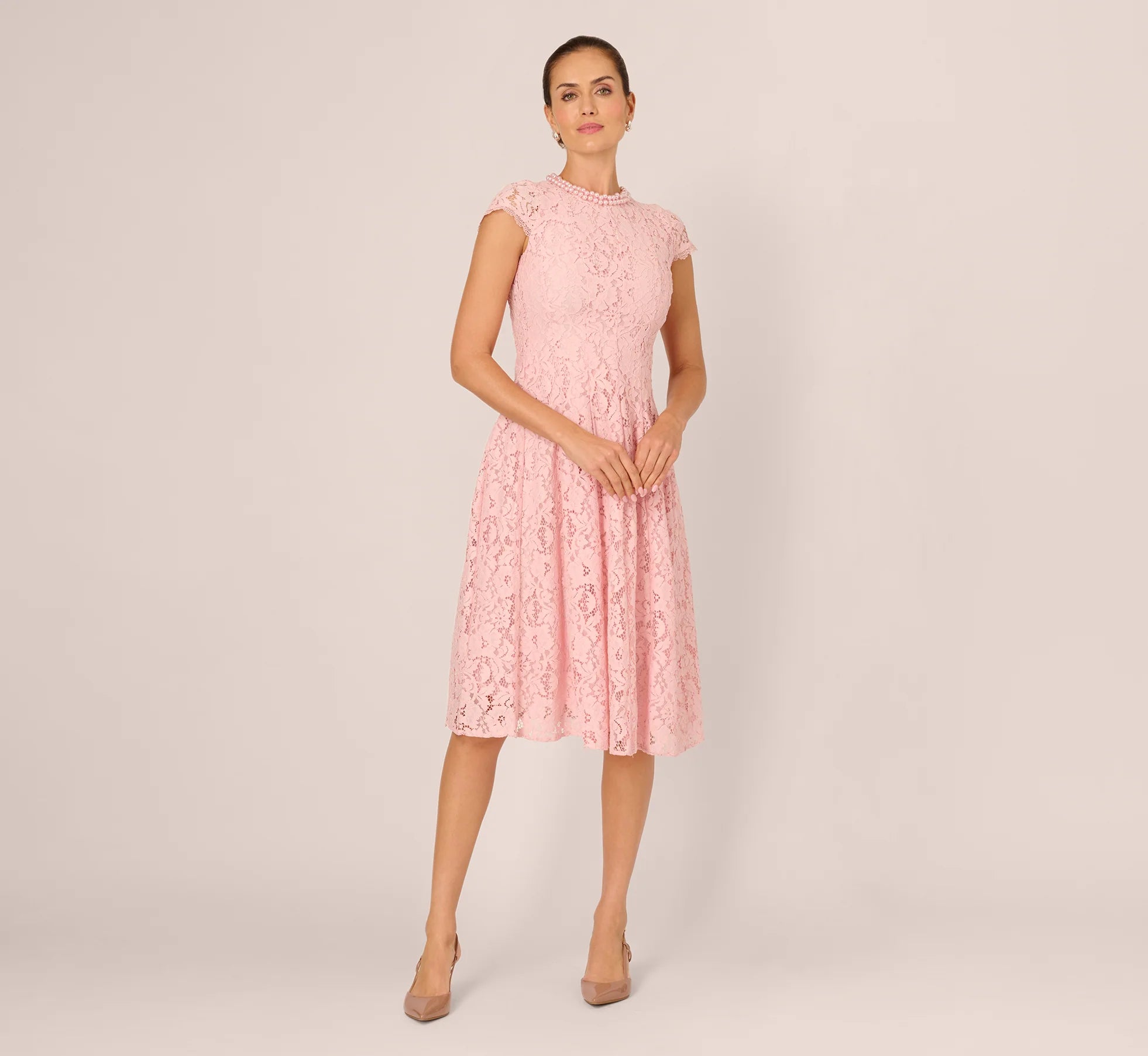 Cap Sleeve Pearly Lace Midi Dress In Blush Whisper