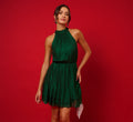 Metallic Blouson Halter Dress In Emerald Green