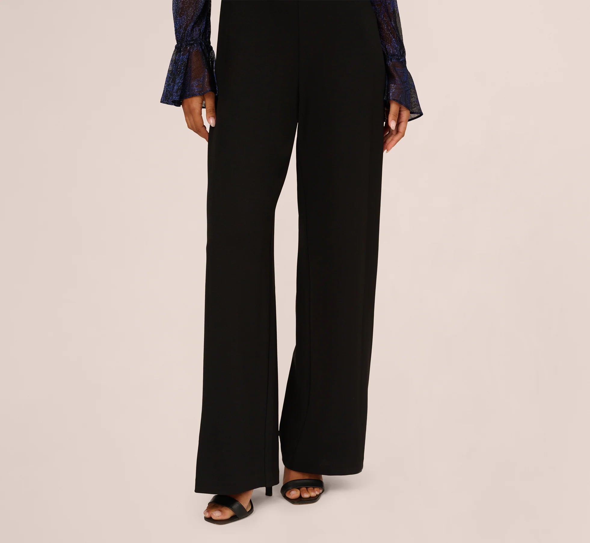 Long Sleeve Off Shoulder Metallic Combo Jumpsuit In Navy Black