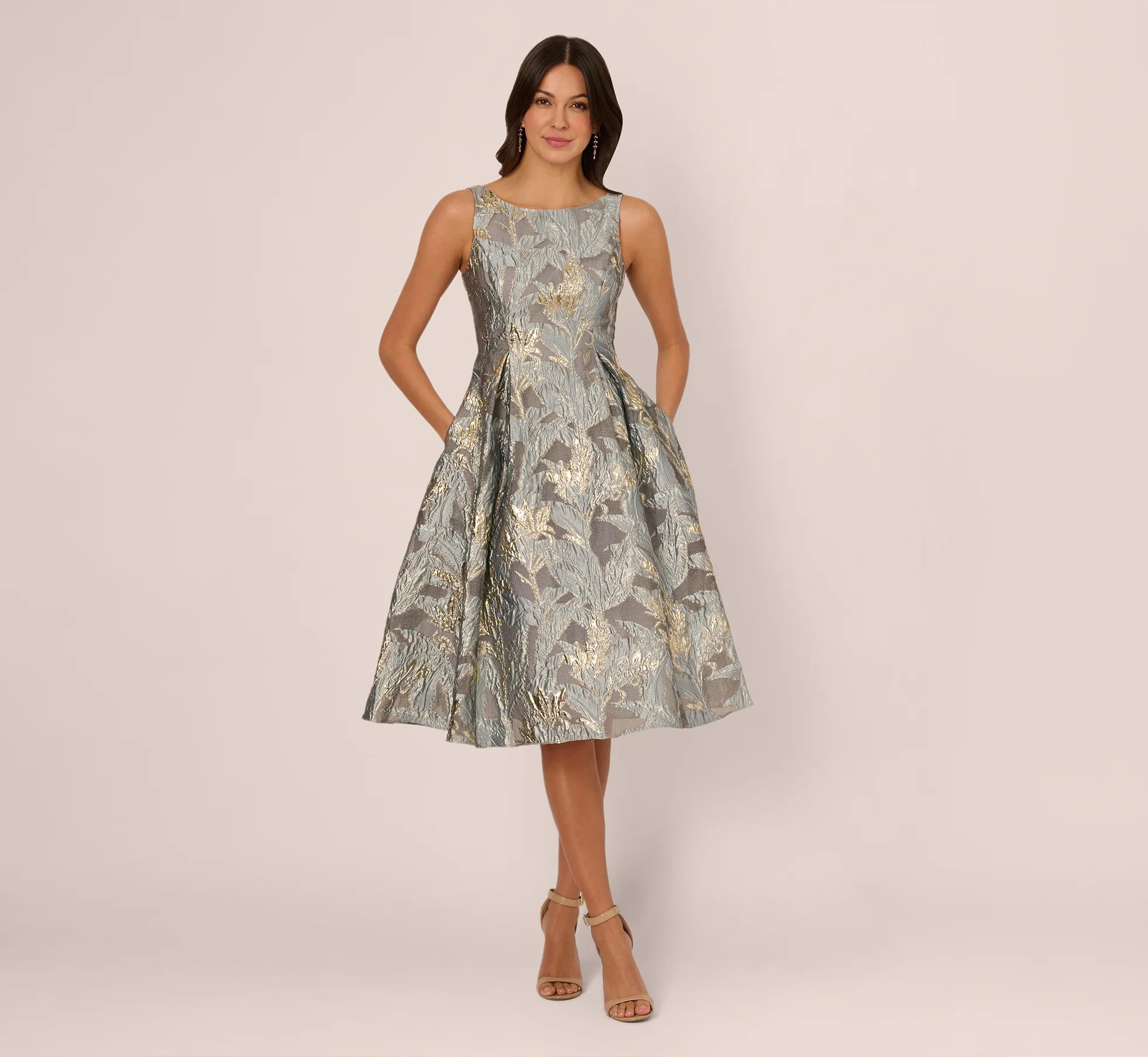 Tea Length Jacquard Dress With Sleeveless Bodic In Slate