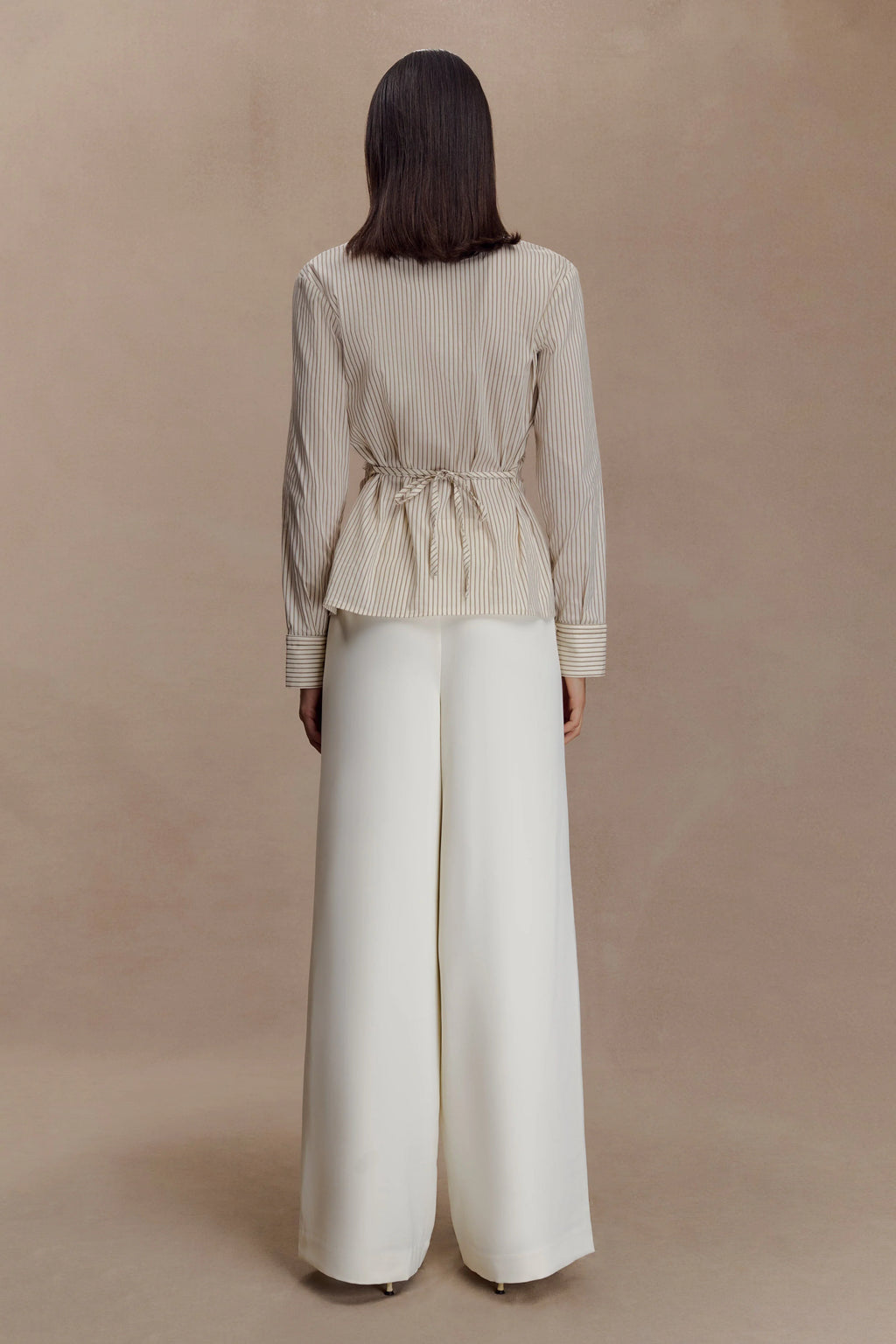 Millie Tie Back Cotton Shirt - Beige Pinstripe