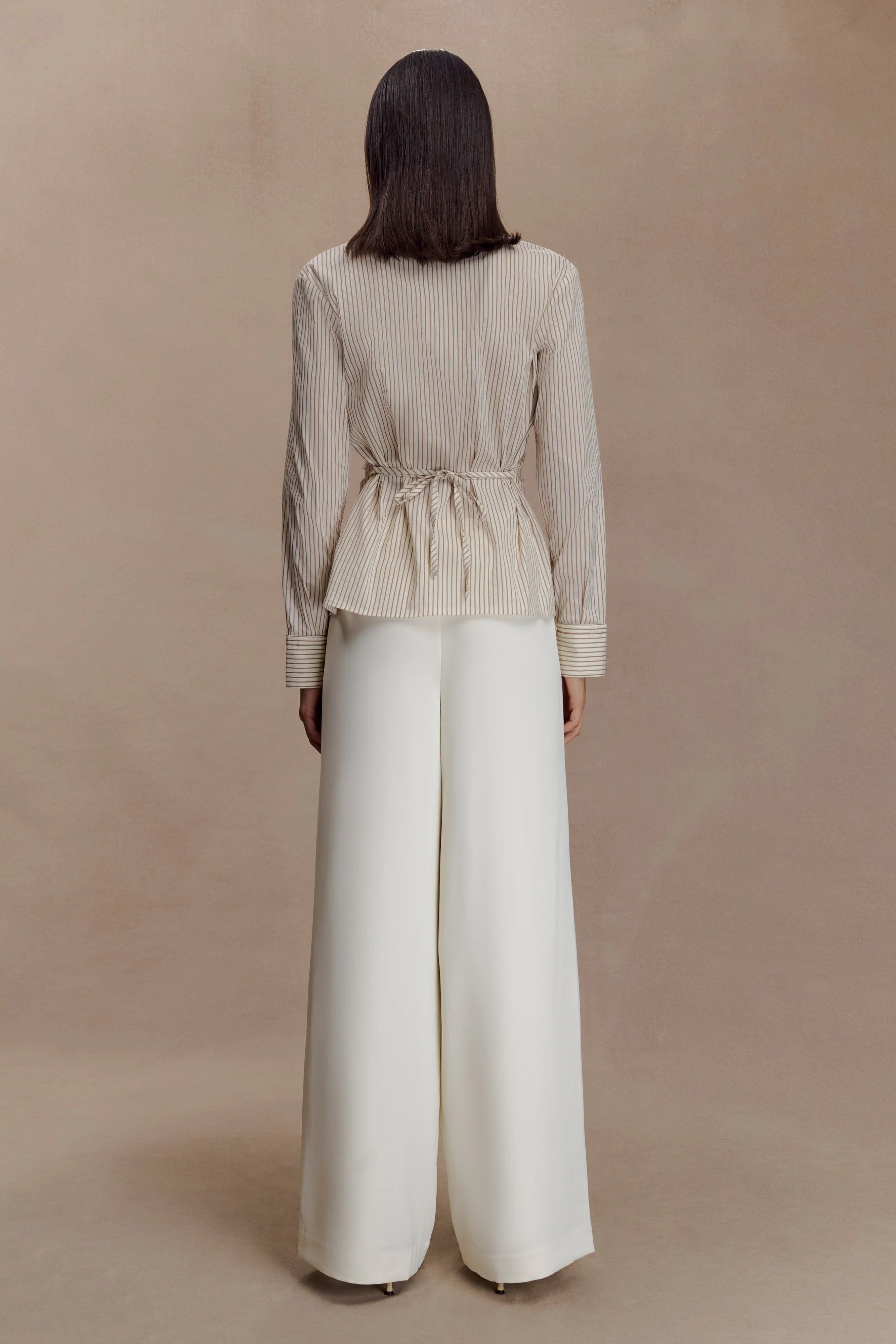 Millie Tie Back Cotton Shirt - Beige Pinstripe