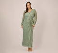 Plus Size Metallic Crinkled Mesh Draped Long Gown In Green Slate