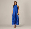 Georgette Soutache Embroidery Trapeze Halter Dress In Brilliant Sapphire