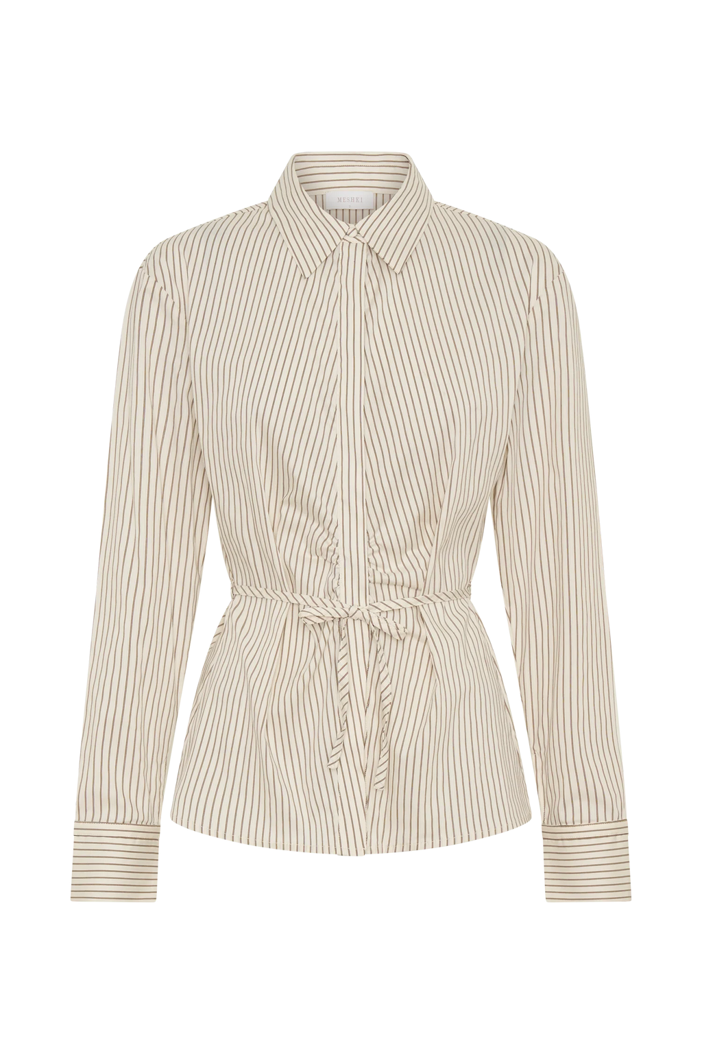 Millie Tie Back Cotton Shirt - Beige Pinstripe