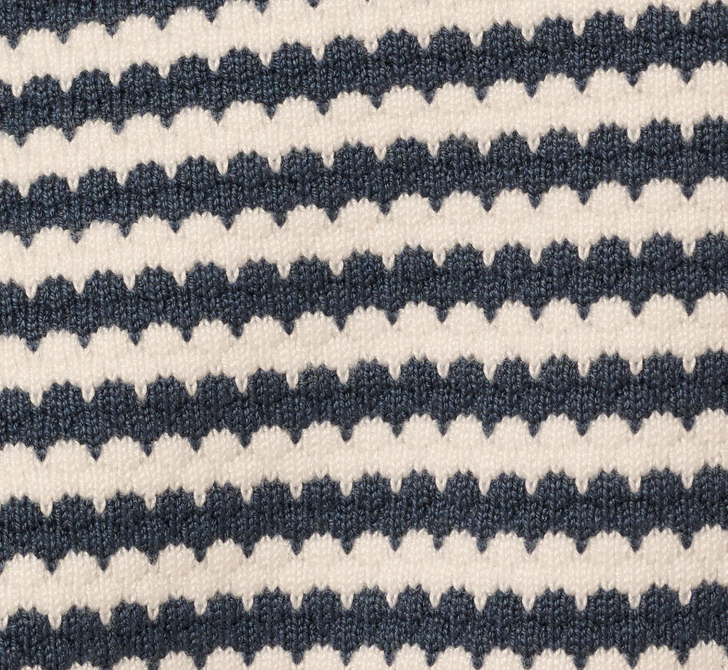 Short Sleeve Scalloped Stripe Pullover Sweater In Ivory Slate Blue