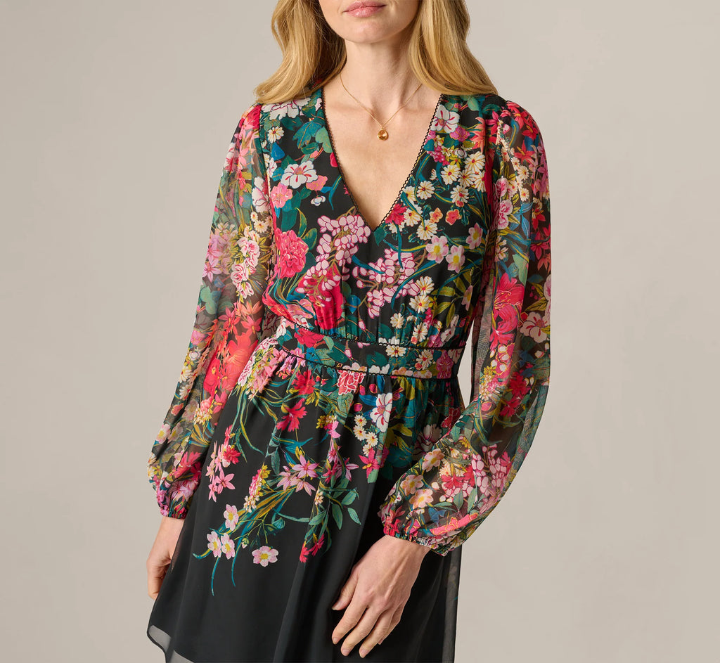 Long Sleeve Wildflower Print Short Dress In Black Multi
