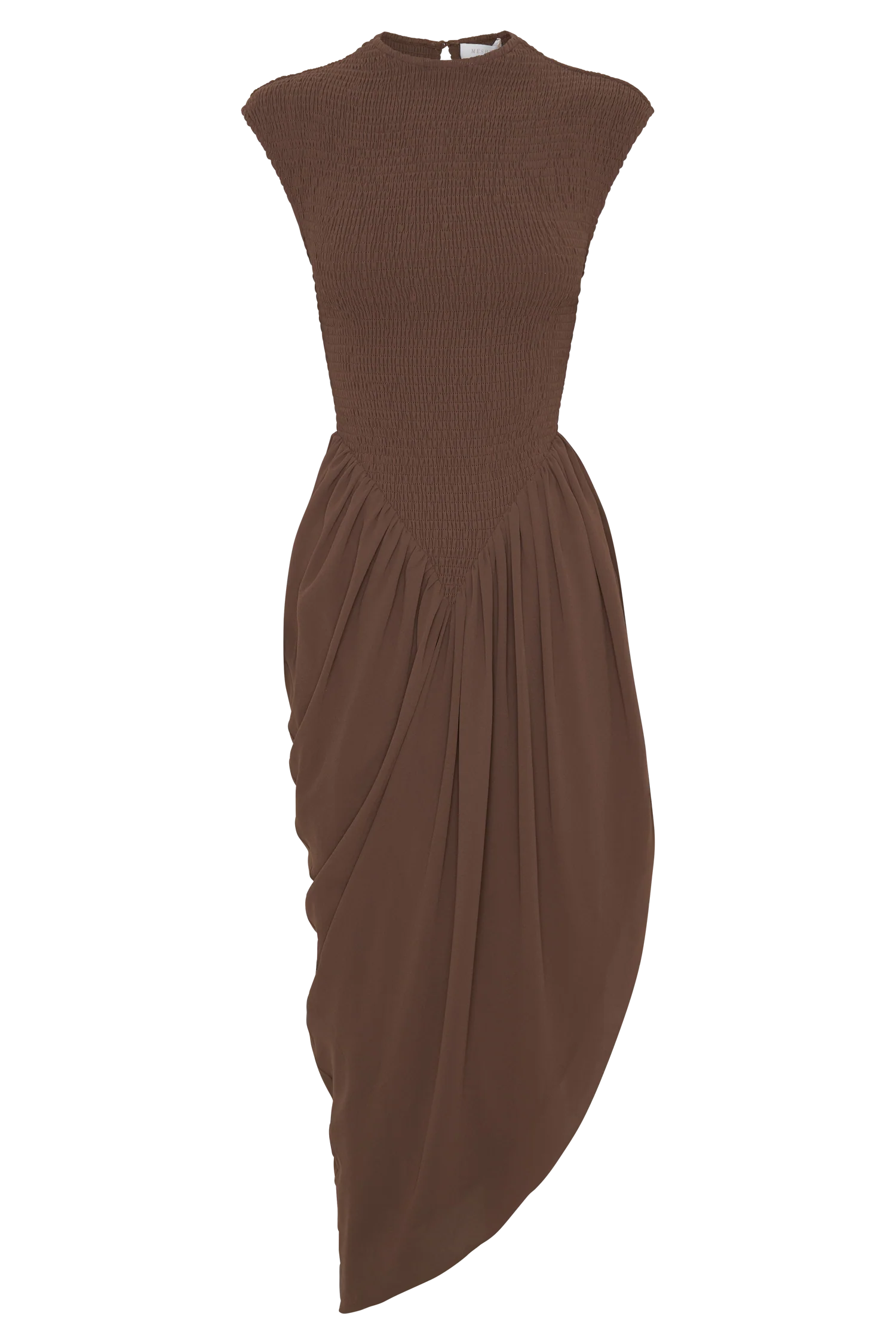 Nola Shirred Asymmetric Midi Dress - Mocha