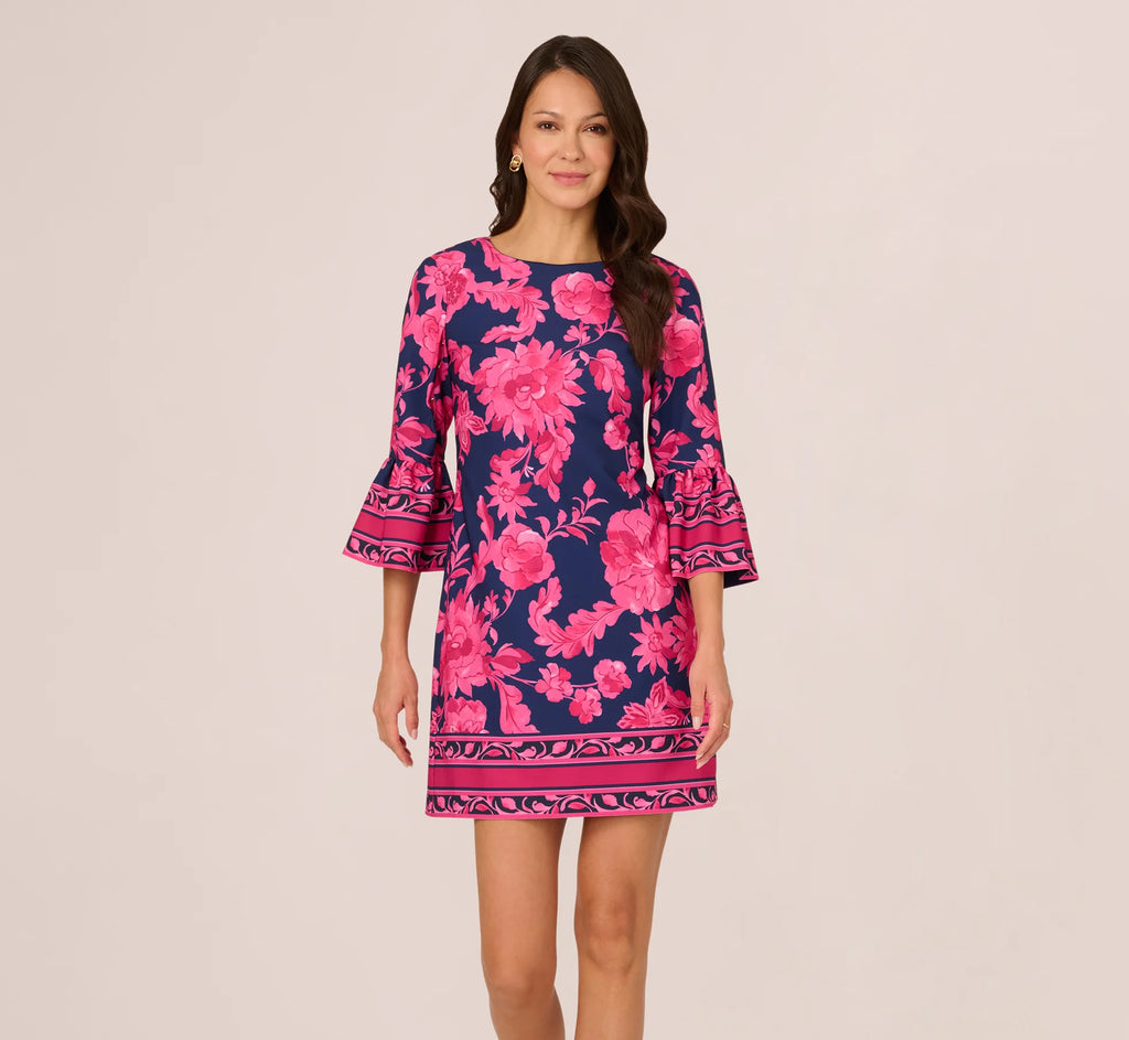 Bell Sleeve Floral Twill Short Dress In Navy Multi